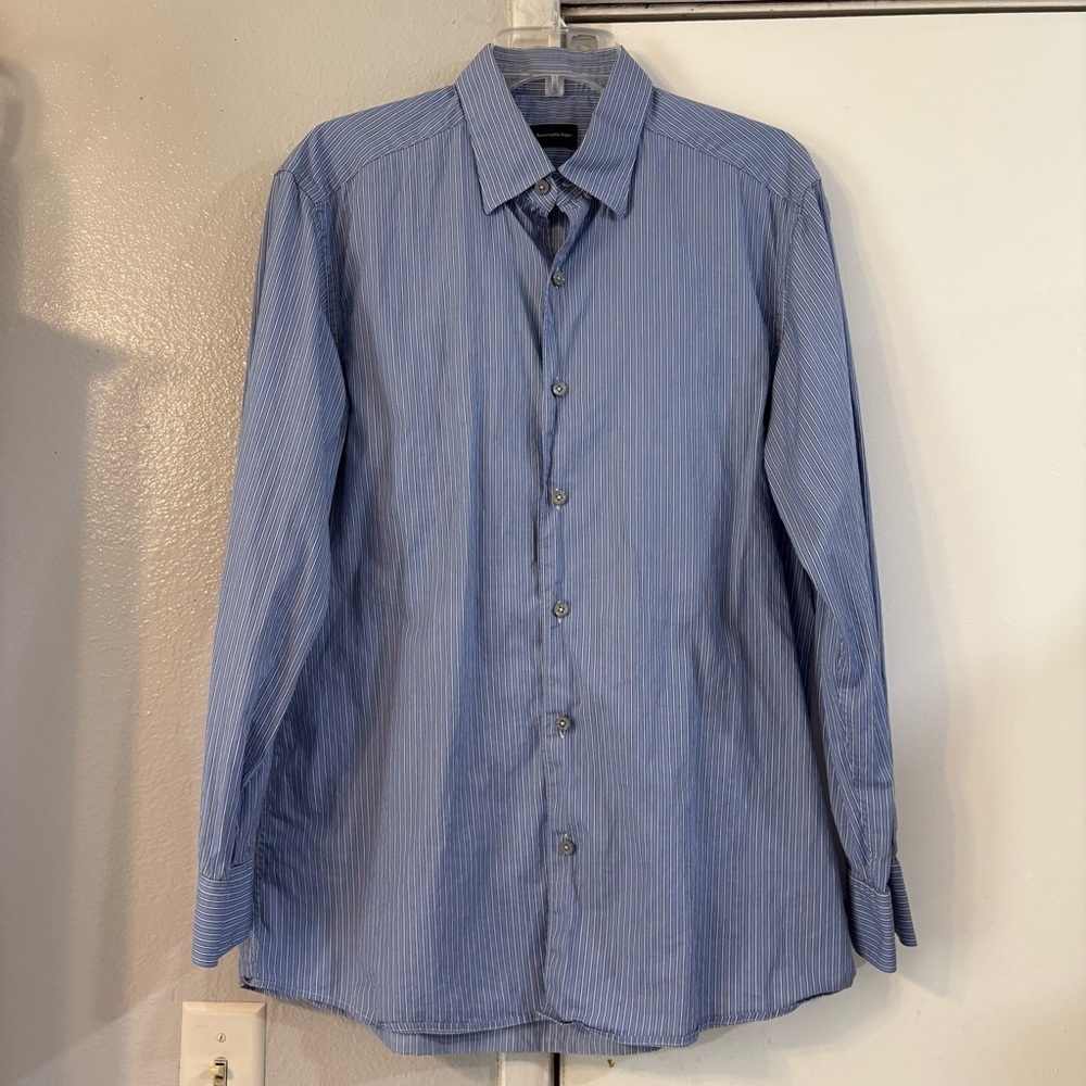 Ermenegildo Zegna Blue Striped Long Sleeve Button Down Shirt Mens Large Classic